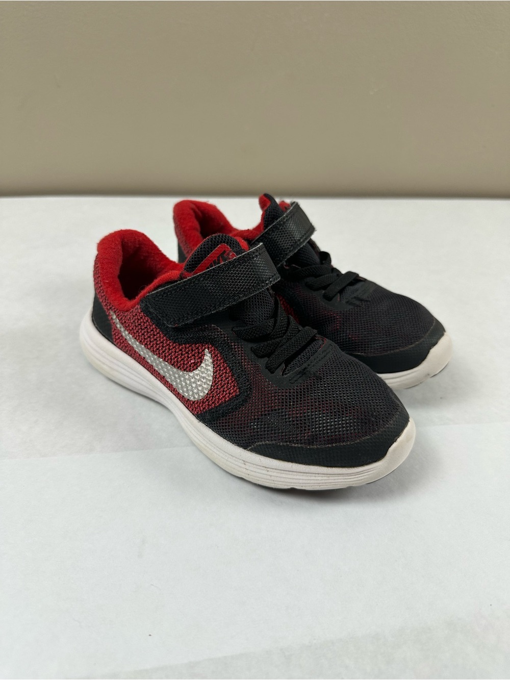 Nike Revolution 3 Kids Black & Red Velcro Athletic Sneakers